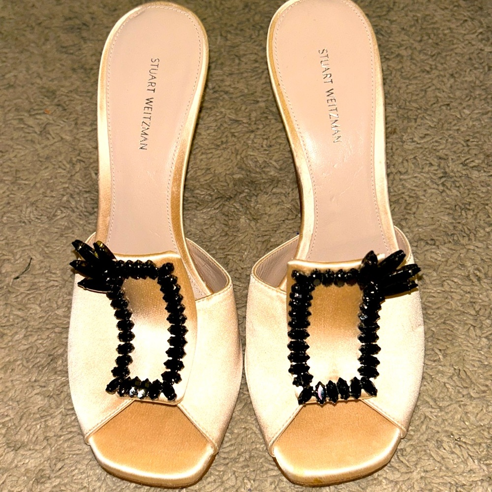 Stuart Weitzman Womens Blush Pink Satin Crystal Evening Mules